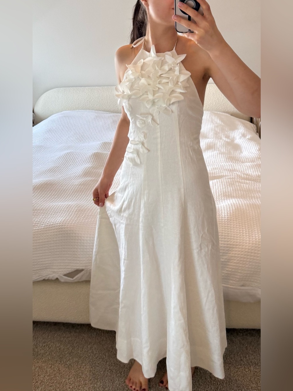 Exclusive!!Caroline Constas white Halter Maxi Dress with 3D Floral Detail